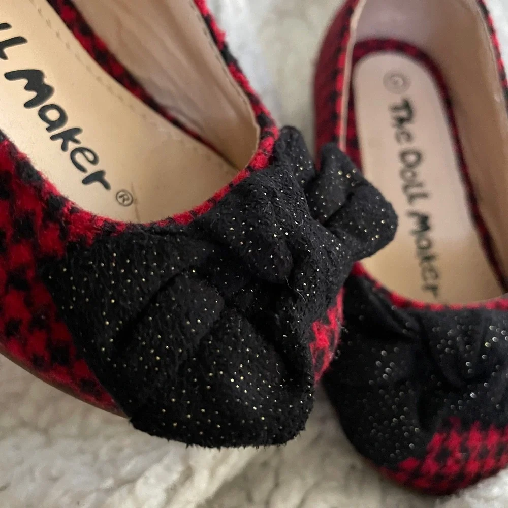 The Doll Maker Girls Red Houndstooth Bow Ballet Flats slip on‎ Shoes bow Size 5